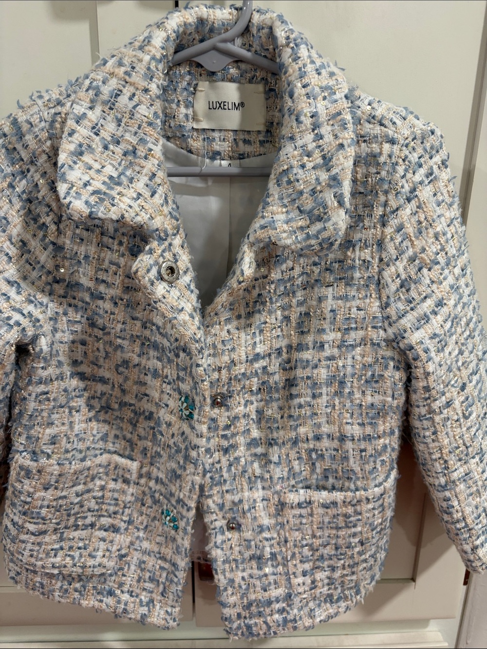 4T Kid’s LuxeLim Tweed Jacket in Light Blue and Cream